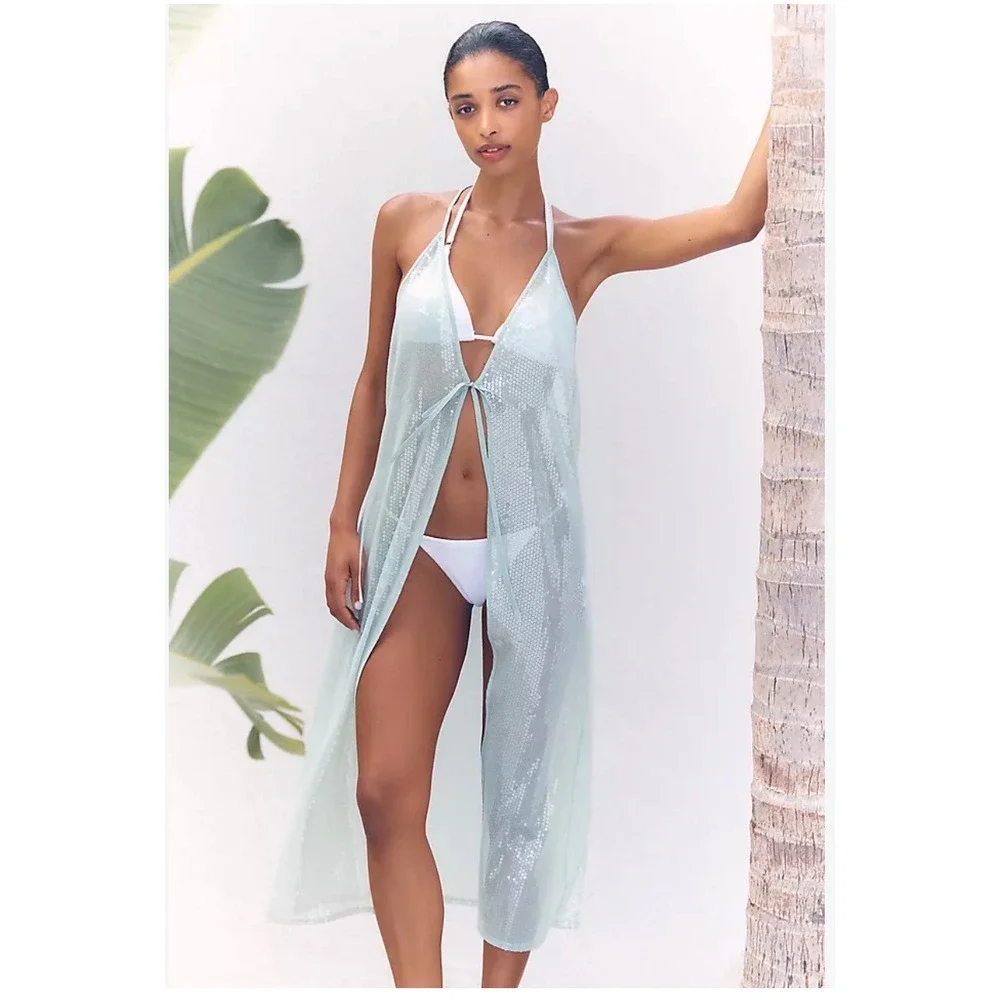 Anthropologie Kaftan Mint Green Sequin Mesh Swim Cover-Up Racerback Midi OS NWT